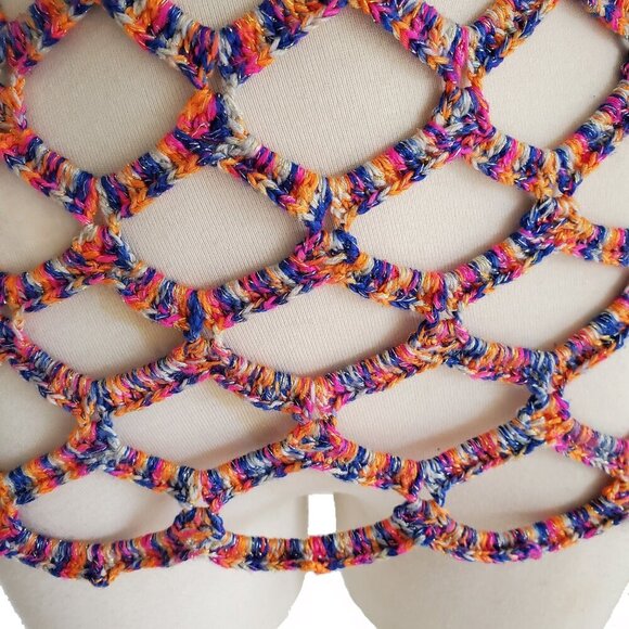 Crocheted Multicolor Chain Mail Open Weave Gold Metallic Threads Tunic Top S - Picture 7 of 14